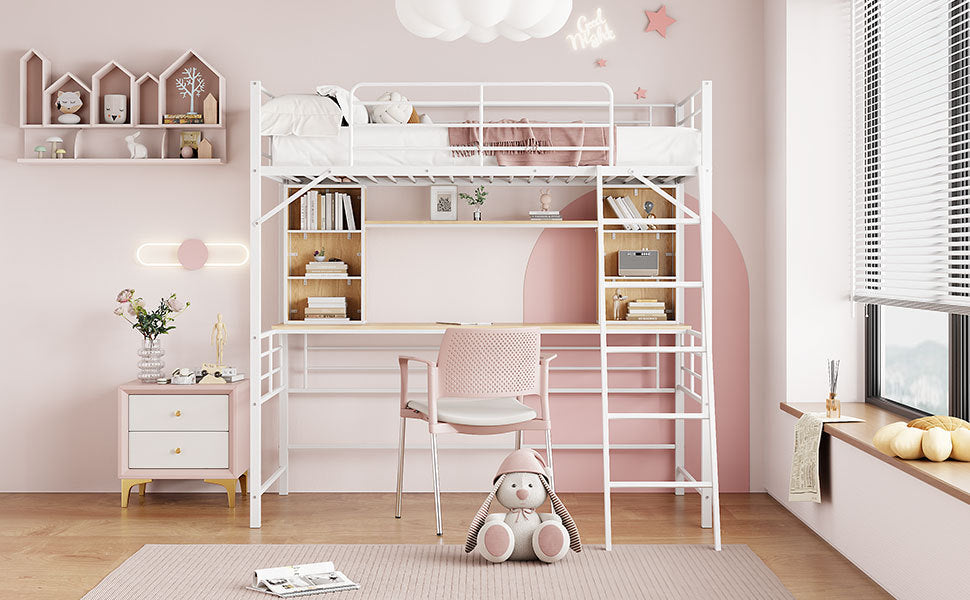 Twin Size Loft Bed With Desk And Shelfloft Bed With Ladder,Twin,White Twin White Metal