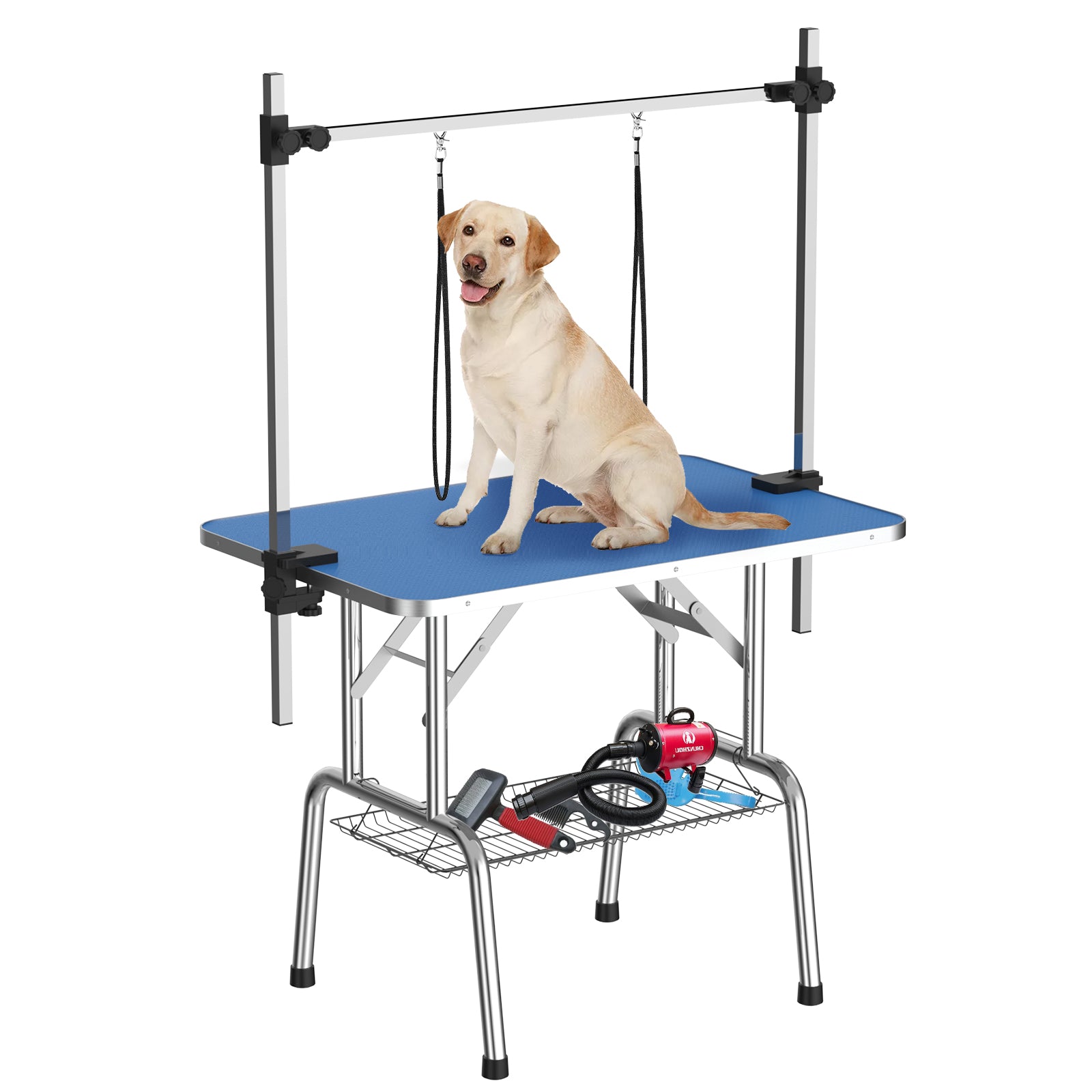 36 Inch Foldable Dog Grooming Table For Home With Adjustable Arm, Noose, Non Slip Surface, And Storage Mesh Tray Blue Mdf Metal