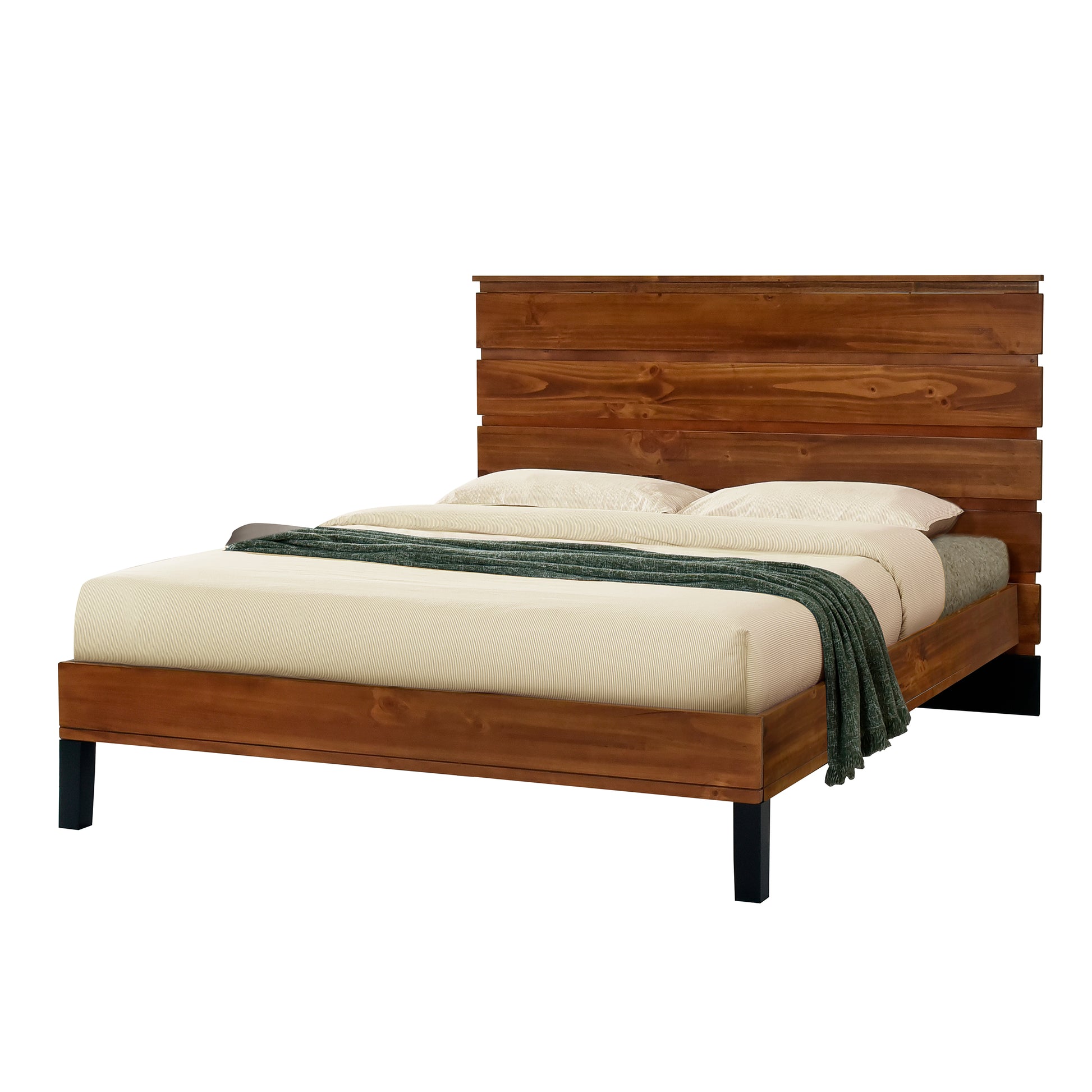 Mid Century Modern Solid Wood Bed Frame Full Size Platform Bed With Six Piece Headboard Design, No Box Spring Needed, Brown Full Brown Pine