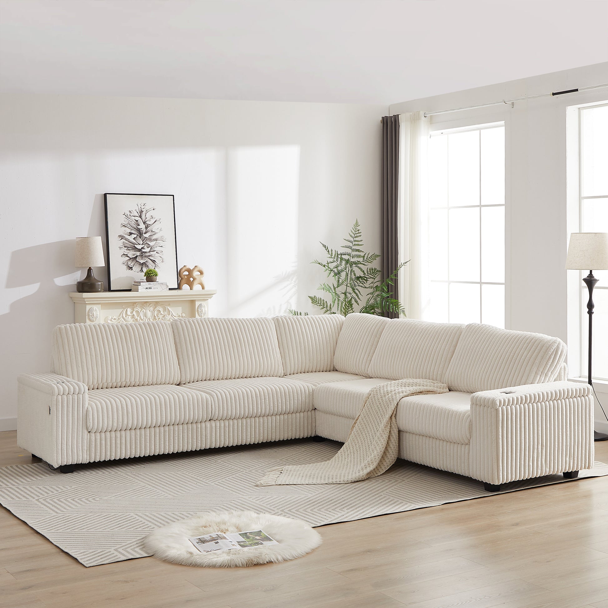 110 Inch Oversized Corduroy Corner Sofa,L Shaped Corner Couch With Two Storage Spaces,Usb Port & T Pyce Port And Cup Holderdeep Seat Comfy Upholstered Couches For Living Room Not Freely Combinable Beige Corduroy 5 Seat