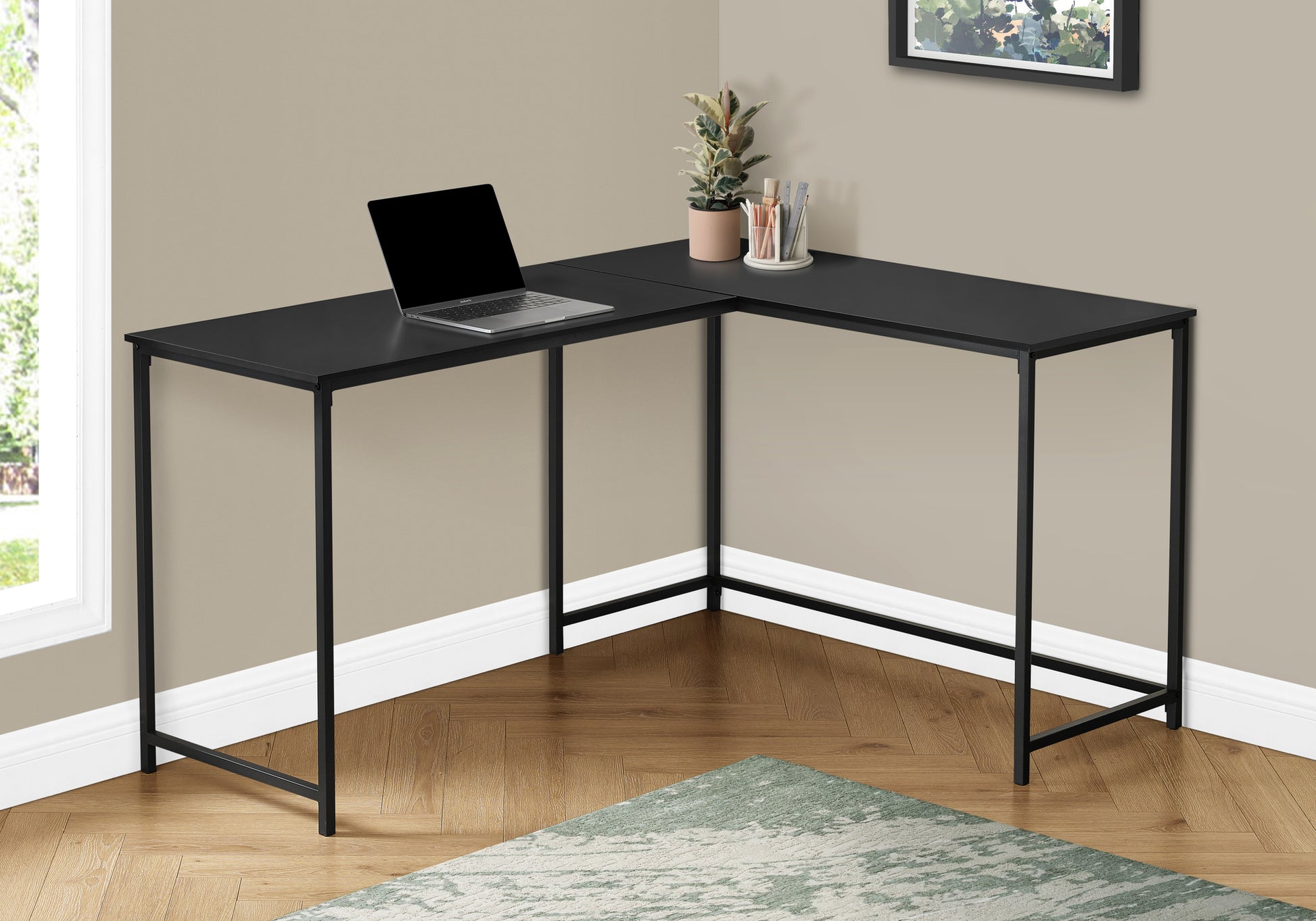 Computer Desk, Home Office, Corner, 58"L, L Shape, Work, Laptop, Black Laminate, Black Metal, Contemporary, Modern Black Particle Board