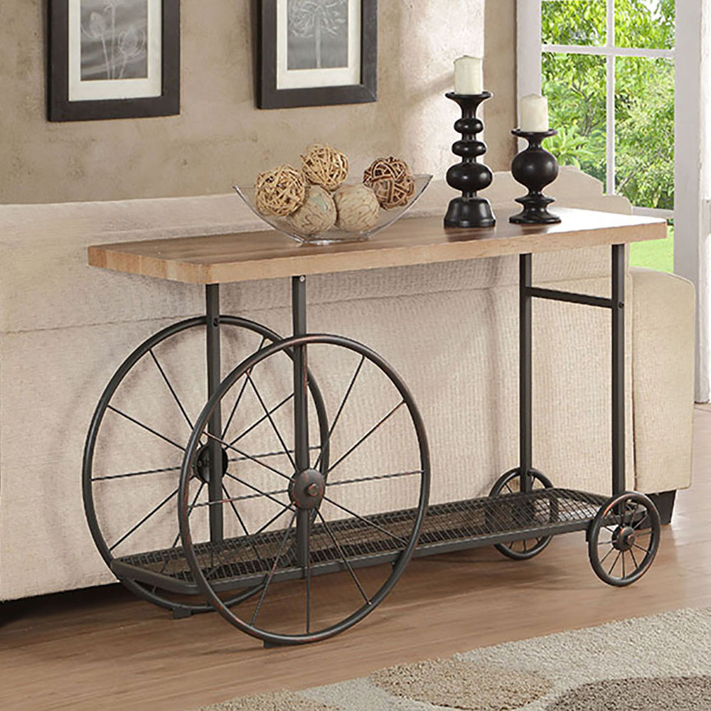 Oak And Antique Grey Sofa Table With Bottom Shelf Oak Gray Primary Living Space Industrial Shelves Rectangular Wood Metal