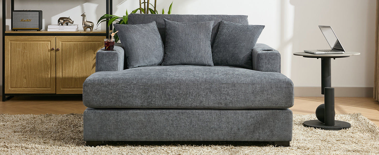 55" Oversized Chaise Lounger Modern Style Sofa Couch ,With Pillows, Charge Station & Cup Holders, Chenille Fabric, Blue Gray Blue Gray Chenille