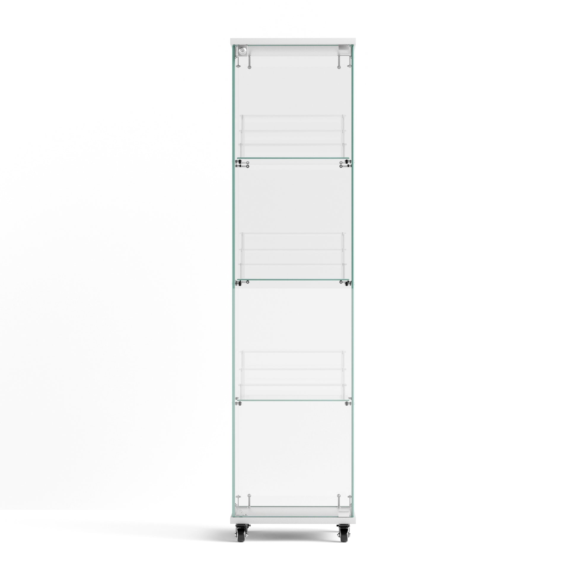 4 Tier Glass Display Cabinet, Single Door Glass Cabinet With Lock And Wheels, Floor Standing Storage Cabinet With 3 Acrylic Shelves For Living Room, Bedroom And Office, White, 15.8"L X 14.2"W X