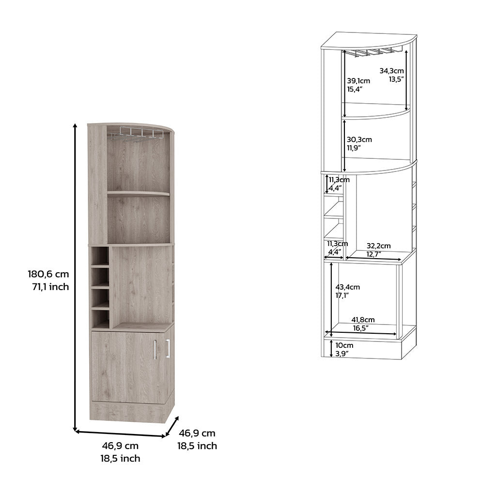 Corner Bar Cabinet 71" H, With Two Shelves At The Top, 1 Glass Holder, 8 Exterior Bottle Racks, 1 Central Shelf And A Lower Drawer With 2 Side Doors, Light Gray Gray Particle Board Particle Board