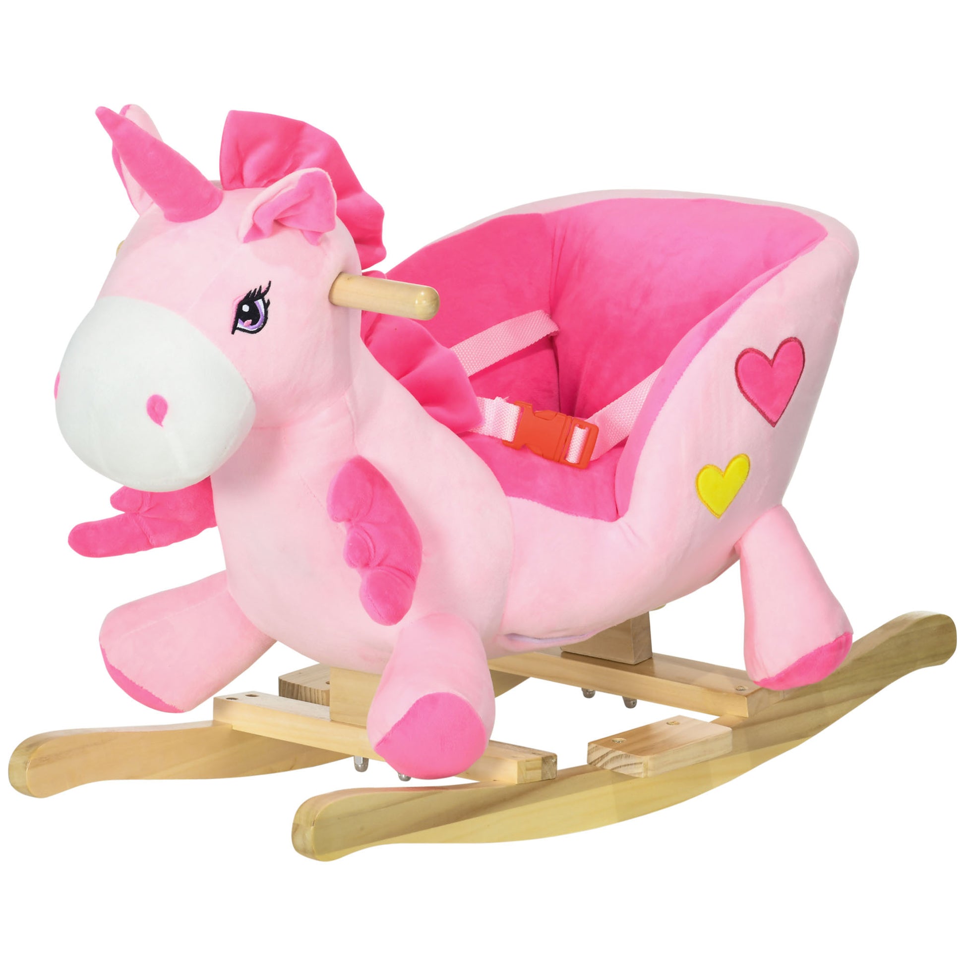 Qaba Baby Rocking Horse, Ride On Unicorn With 32 Songs, Toddler Rocker Toy With Wooden Base Seat Safety Belt For 1.5 3 Year Old, Pink Pink Plush