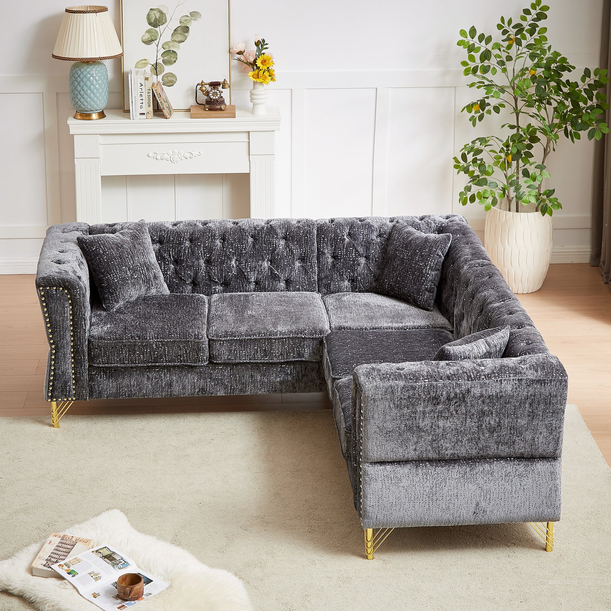 81.5 Inch Chenille Corner Sofal Shaped Sectional Couch, 5 Seater Corner Sofas With 3 Cushions For Living Room, Bedroom, Apartment, Office Grey Foam Chenille 5 Seat
