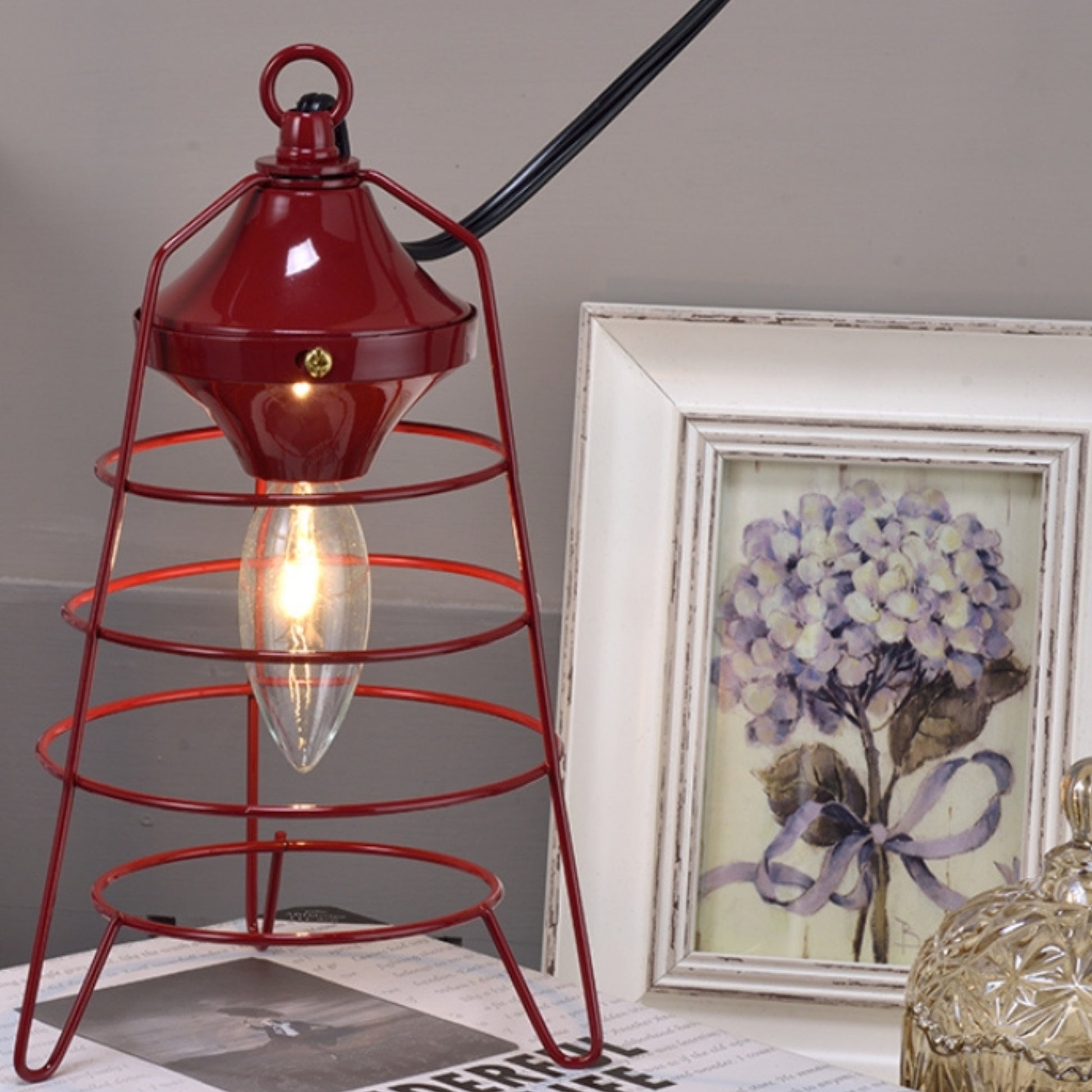 9.5" Tall Table Lamp, Camp Lantern Design, Red Red Metal