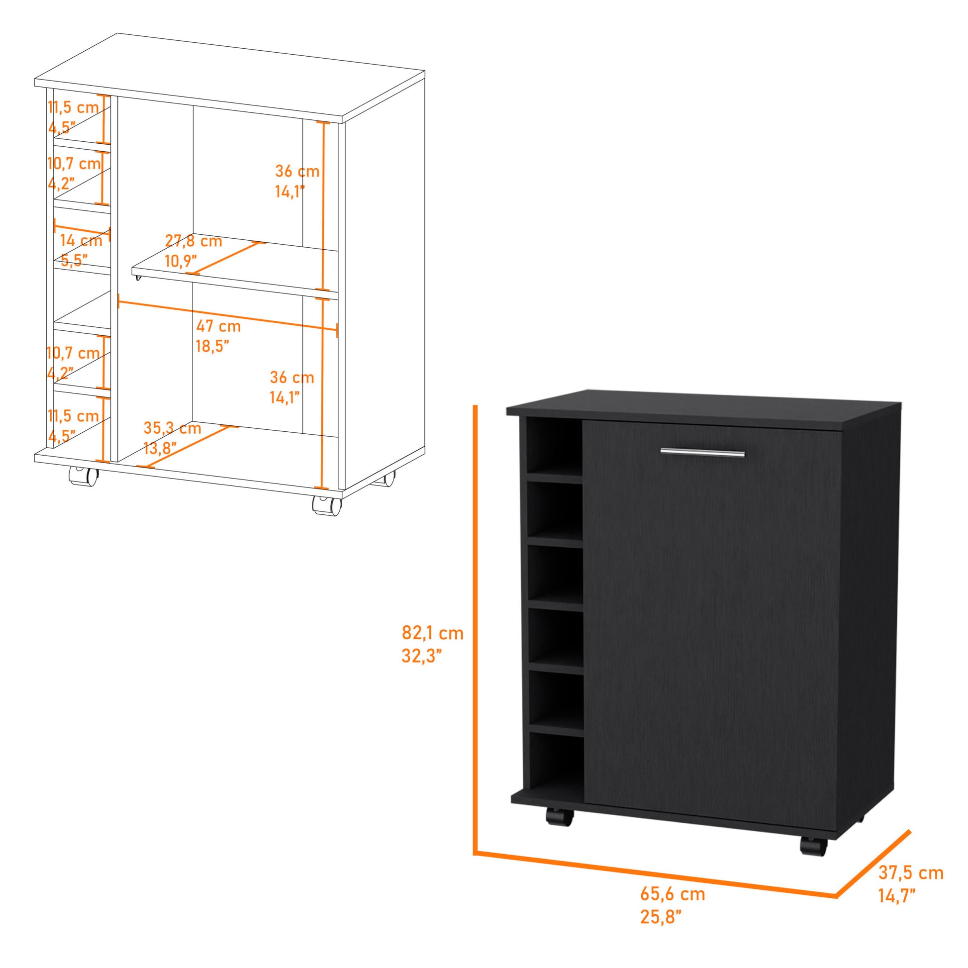 Rawlins Bar Cart With 6 Bottle Rack, Storage Cabine And Mobile Caster Wheels Black Particle Board Engineered Wood