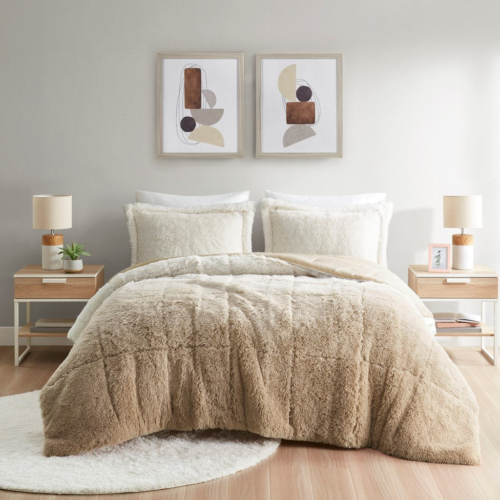 Ombre Shaggy Long Fur Comforter Mini Set Twin Natural Polyester