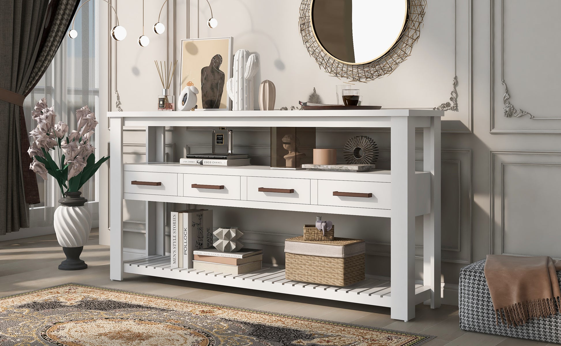 62.2'' Modern Console Table Sofa Table For Living Room With 4 Drawers And 2 Shelves White Solid Wood Mdf