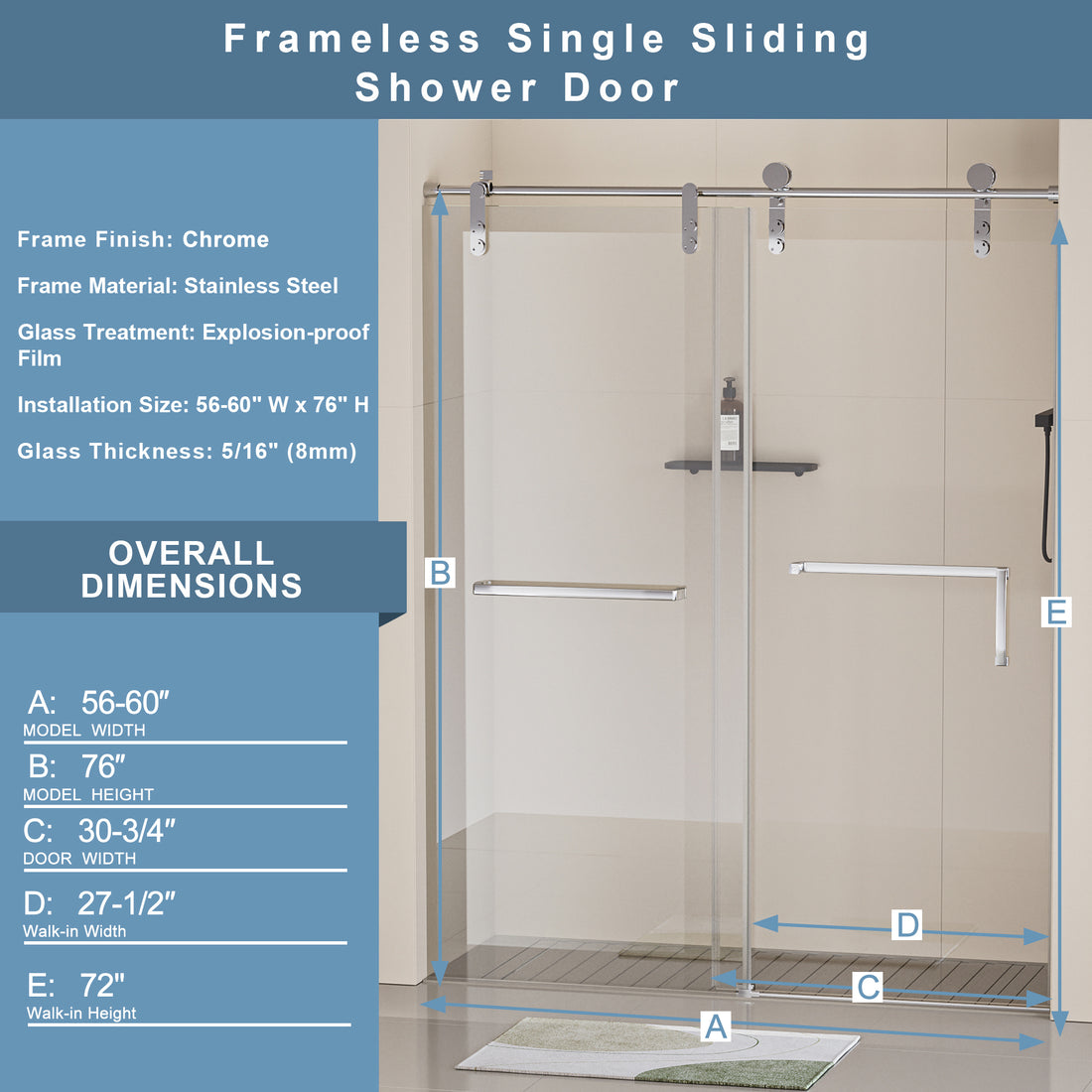 56 60 In. W X 76 In. H Frameless Shower Door, Single Sliding Shower Door, 5 16" 8Mm Clear Tempered Glass Shower Door Explosion Proof Film, Stainless Steel Hardware, Chrome 24D210 60C Combo Chrome Stainless Steel