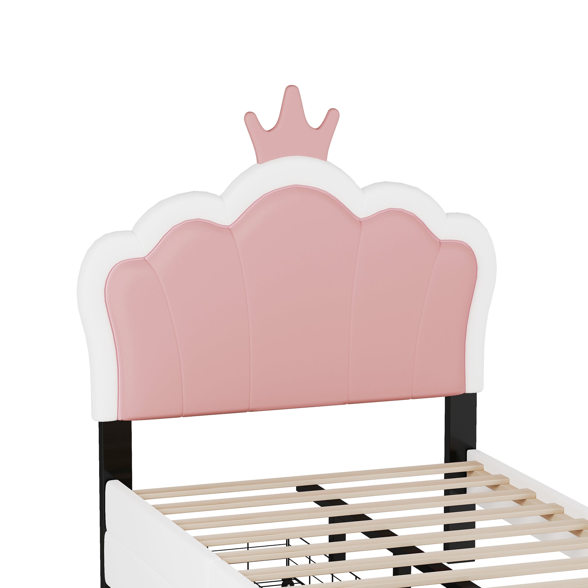 Twin Size Upholstered Princess Bed With Crown Headboard And 2 Drawers,Twin Size Platform Bed With Headboard And Footboard, Pink White Twin White Pu