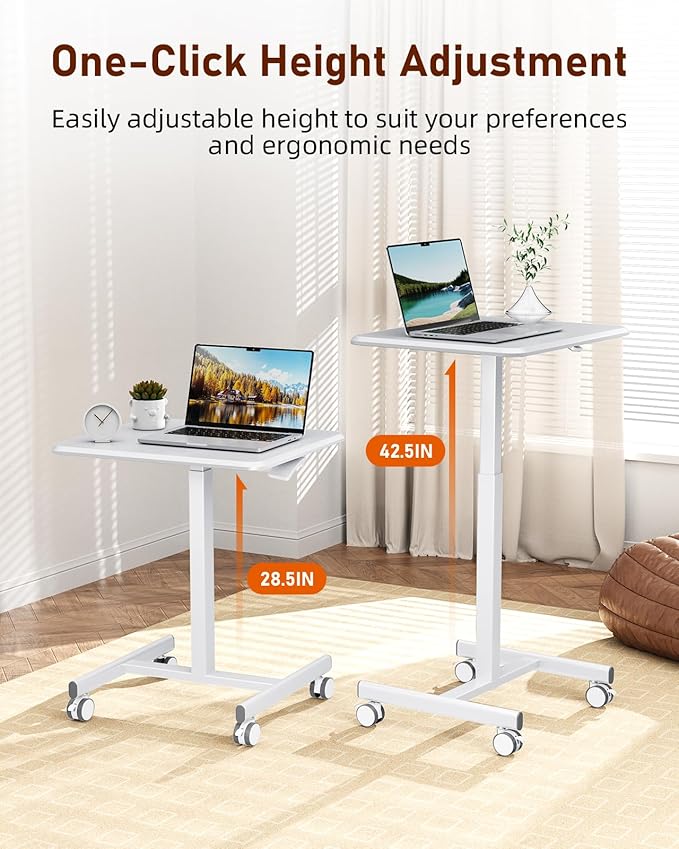 Standing Desk Small Rolling Desk With Lockable Wheels, Mobile Stand Up Desk Adjustable Height, Portable Laptop Desk, Small Computer Standing Table Sit Stand White White Metal & Wood