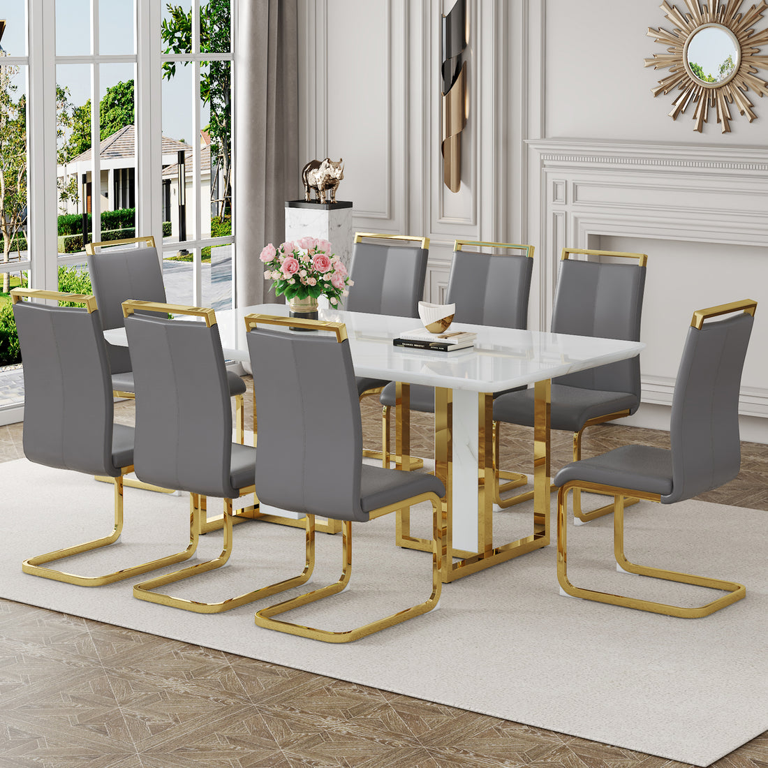 Table And Chair Set.67"X36" White Marble Pattern Mdf Dining Table Set With 8 Dark Gray Pu Chairs.Mdf Sticker,White Marble Pattern Sticker,Gold C Tube Chair Legs,Suitable For Kitchen,Dining Room,Etc.