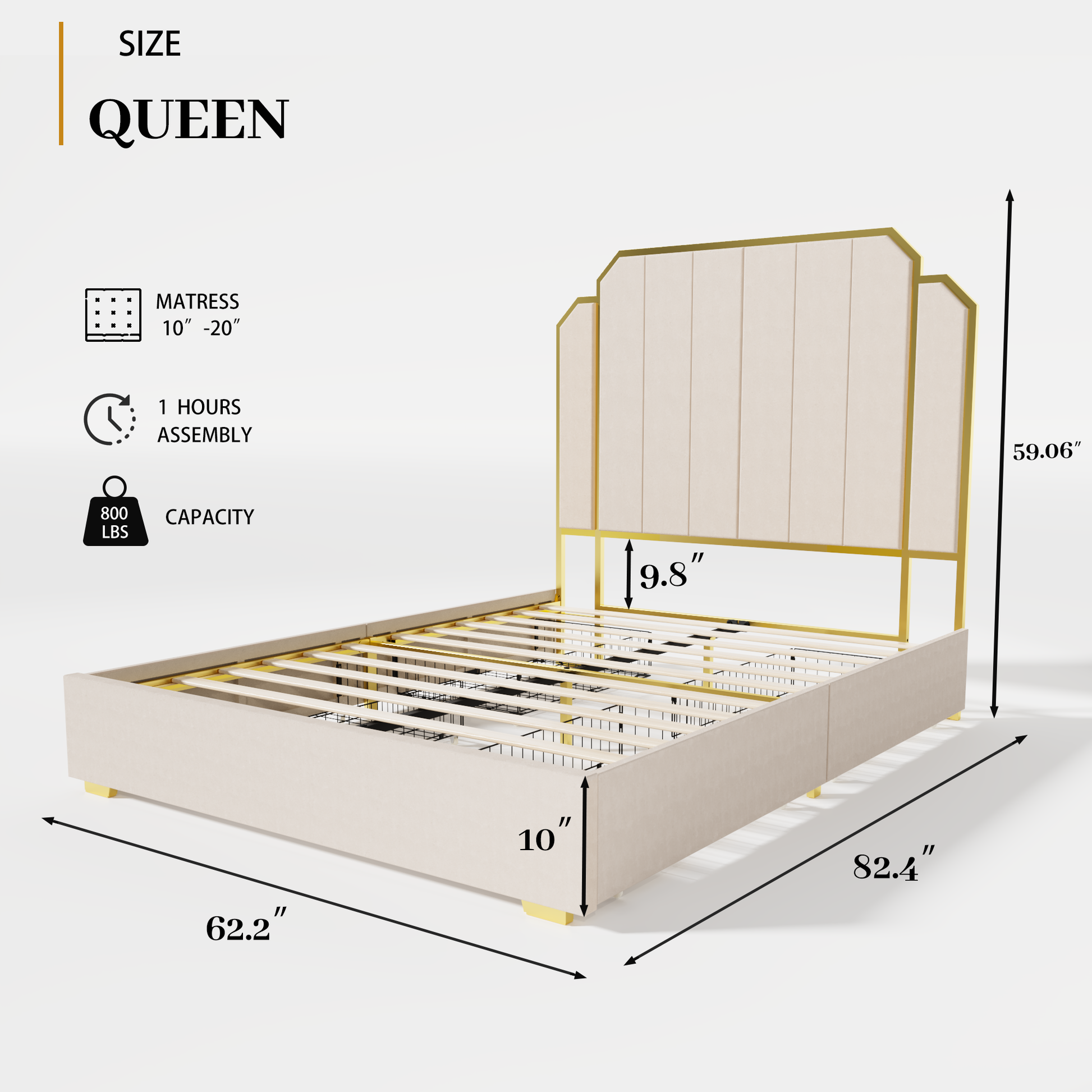 Queen Size Bed Frame And 59.06" Headboard, Upholstered Bed With Golden Plating Trim, Modern Platform Bed No Box Spring Needed, Cream Box Spring Not Required Queen Gold Creamy White Metal Bedroom Modern Bed Frame Velvet Mdf Metal