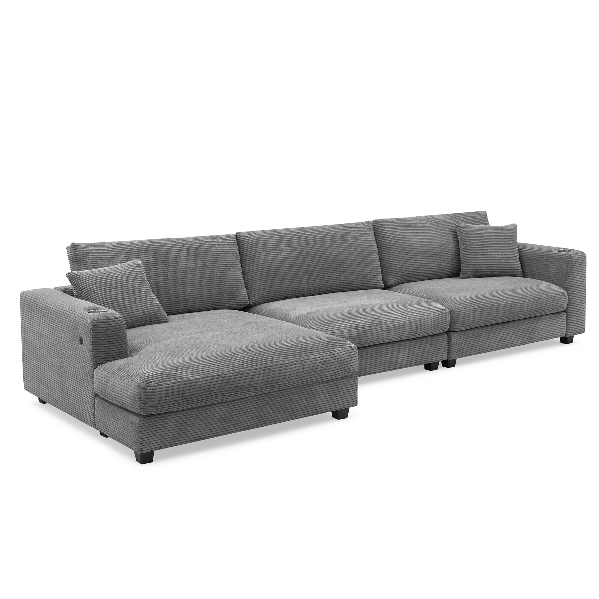 134*54"Oversized Corduroy Sectional Sofa,L Shaped Cloud Couch With Usb Charging Port,Cup Holder,Deep Seat Sofa Bed With 50" Chaise,Comfy Indoor Furniture For Living Room,3 Colors Gray Corduroy 4 Seat