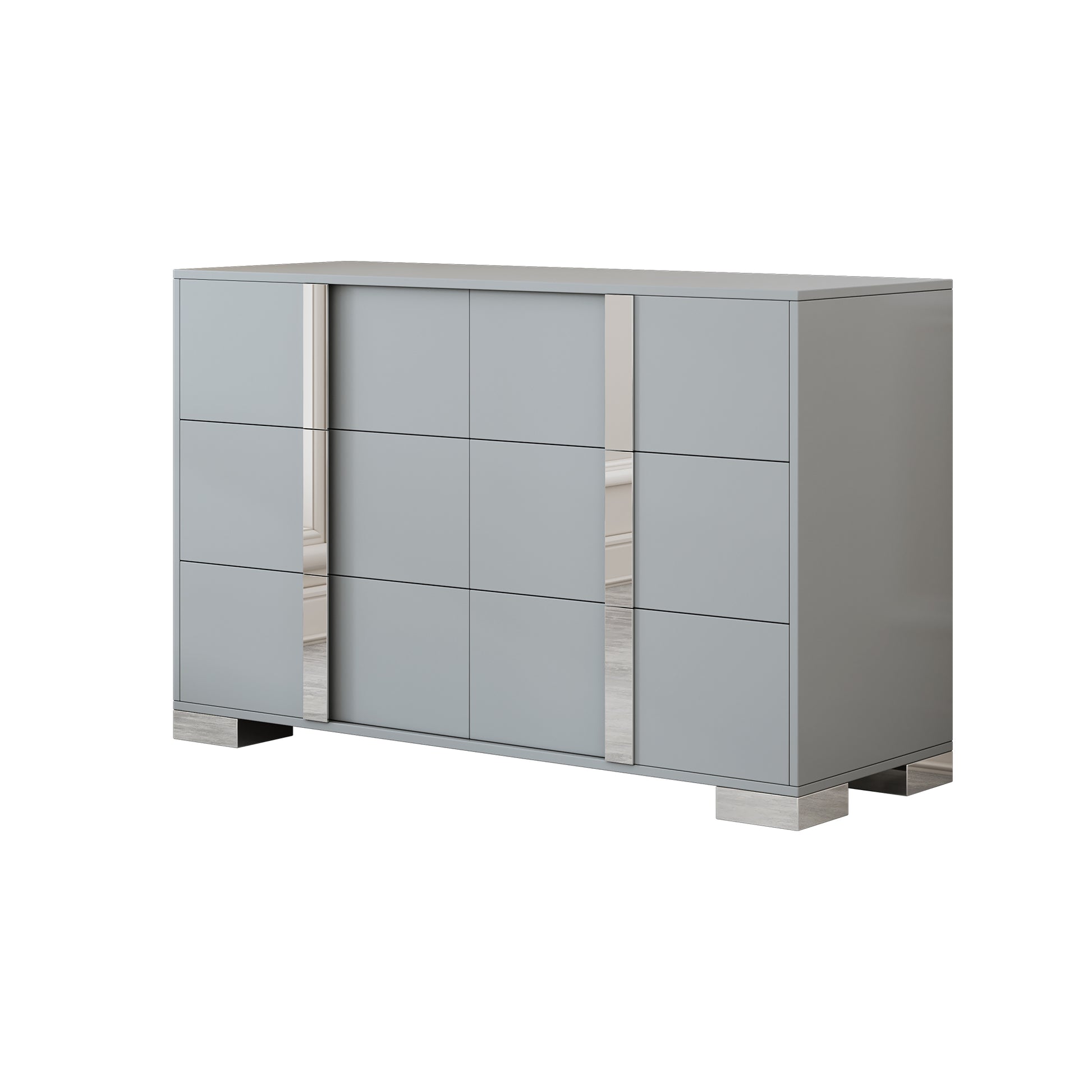 Elegant Modern Dresser With Metal Handle,Mirrored Storage Cabinet With 6 Drawers For Bedroom,Living Room,Grey Grey Mdf Metal