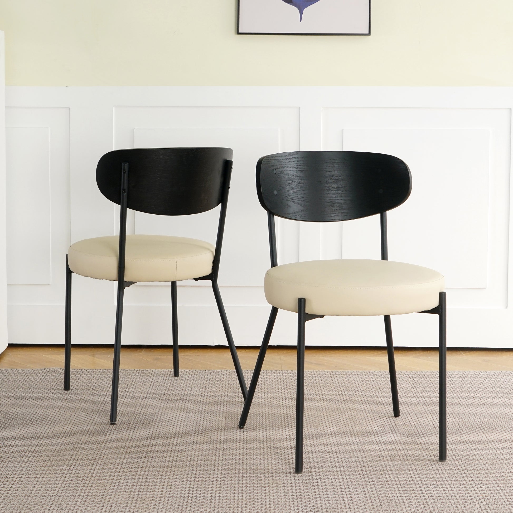 Modern Grey Simple Pu Dining Chair Upholstered Chair Family Bedroom Stool Back Dressing, Black Round Table Set, Bentwood Covered With Ash Veneer Chair Back, Chair Black Metal Legs Set Of 3 Black Mdf