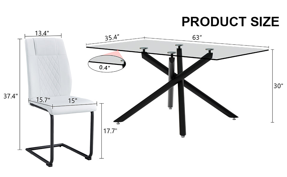 Table And Chair Set.Modern Rectangular Glass Dining Table With 0.39" Tempered Glass Tabletop And Black Metal Legs.Paired With Multiple Chairs Designed With Pu Cushions And Black Metal Legs. White Black Seats 4 Tempered Glass