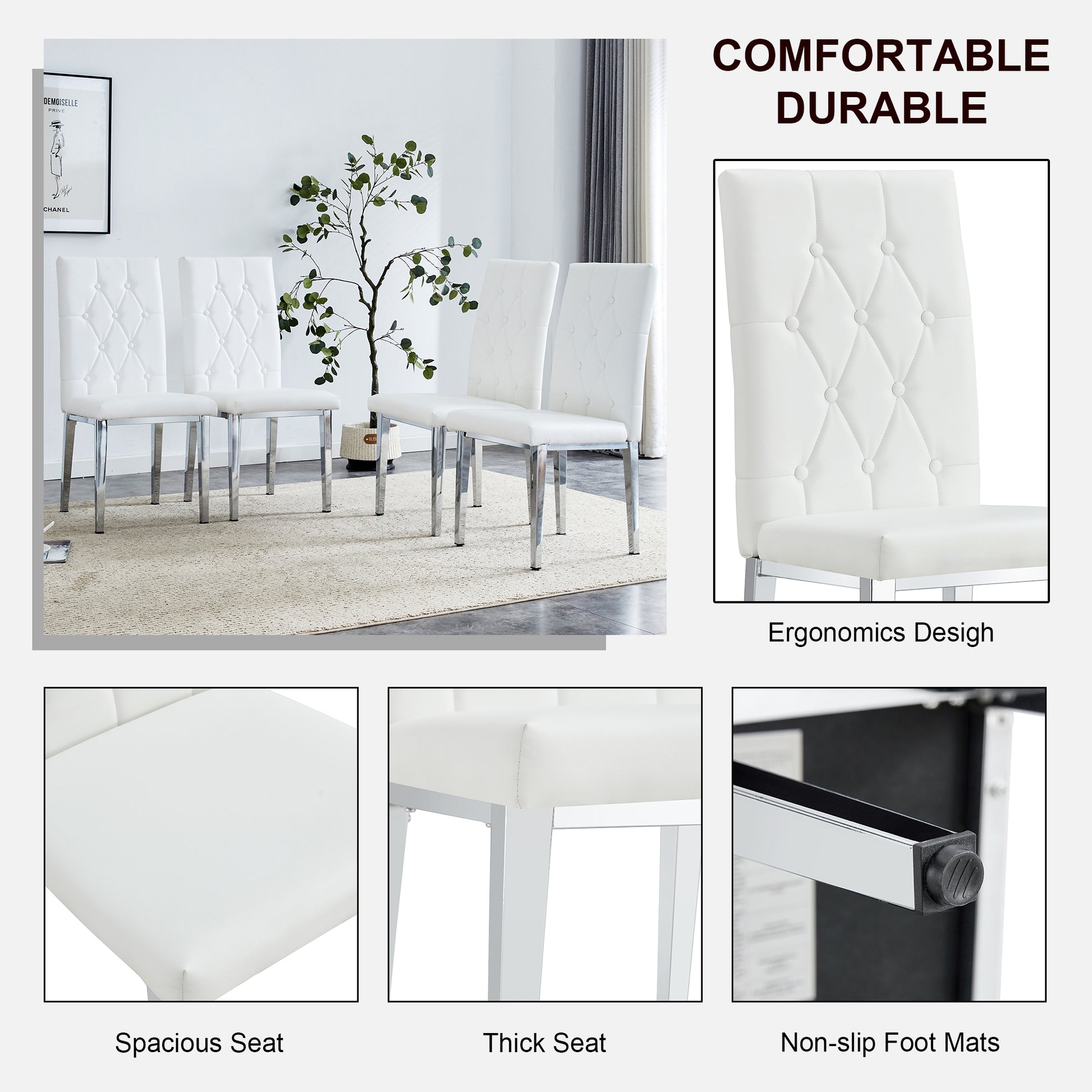 2 Piece Dining Chair Set, Modern Style Kitchen Soft Cushion High Backrest, With Embedded Buttons, Metal Leg Office Chair, Suitable For Restaurants, Offices, And Restaurants. White Pu