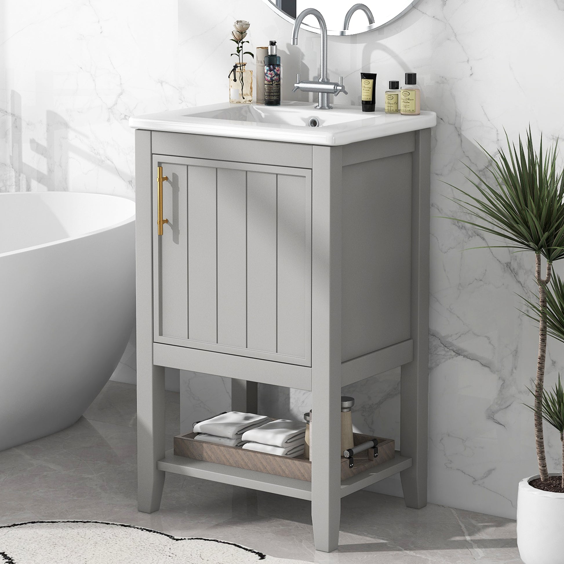 20" Bathroom Vanity With Sink, Bathroom Cabinet With Soft Closing Door, Storage Rack And Open Shelf, Grey Grey Solid Wood Mdf