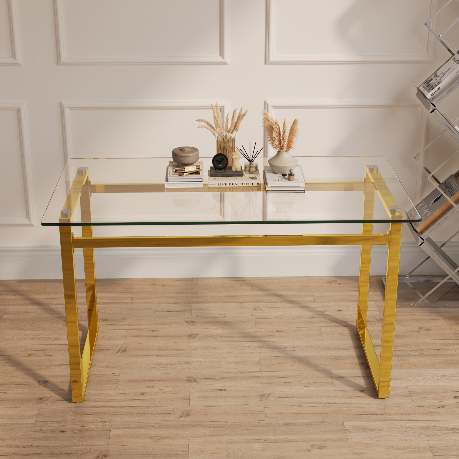 Modern Minimalist Rectangular Glass Dining Table For 4 6 With 0.31" Tempered Glass Tabletop And Golden Chrome Metal Legs, Writing Table Desk, For Kitchen Dining Living Room, 51" W X 27"D X 30" H Transparent Glass Glass