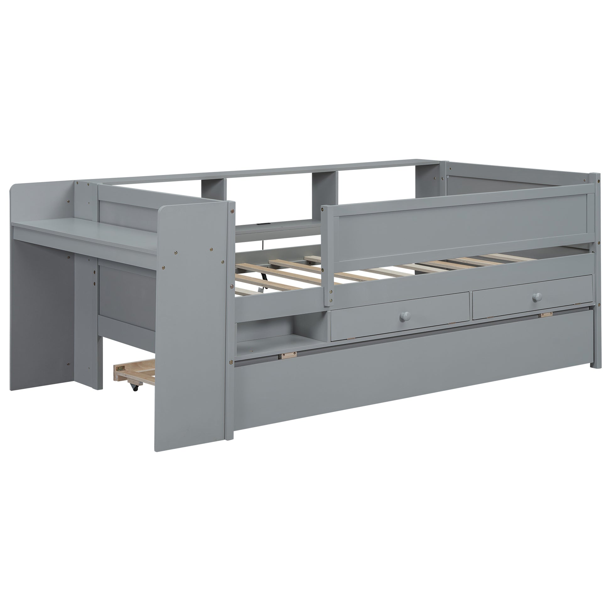 Multi Functional Twin Daybed With Drawers And Trundle, Headboard Storage And Tables, Usb Charging Station, Gray Box Spring Not Required Twin Gray Wood Daybeds Pine