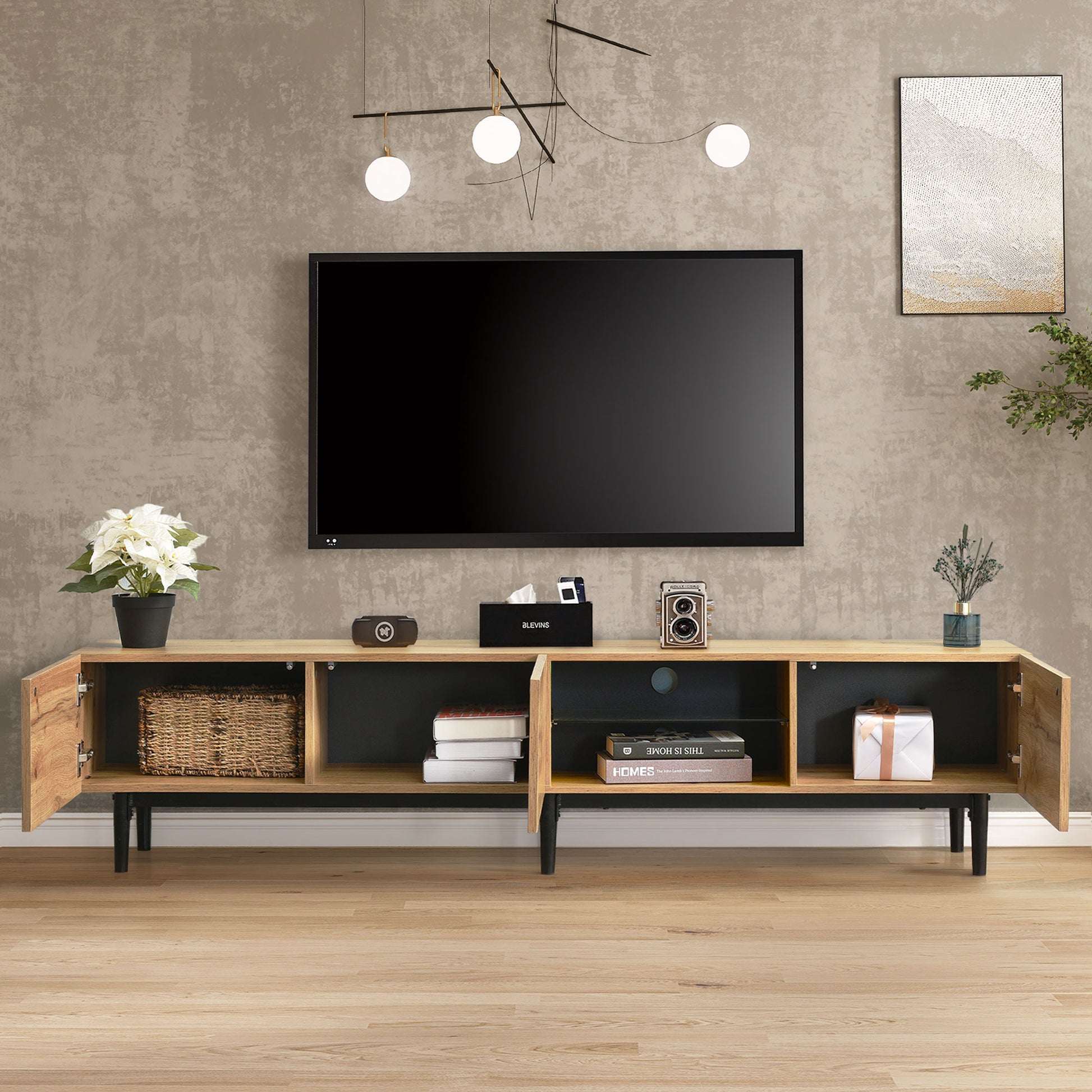 Modern Tv Stand With 4 Cabinets& Open Shelves, Color Matching Media Console Table For Tvs Up To 80'' With Led Light, Entertainment Center With Drop Down Door For Living Room, Bedroom, Home Theatre Wood Brown Primary Living Space 70 79 Inches 70 79 Inches