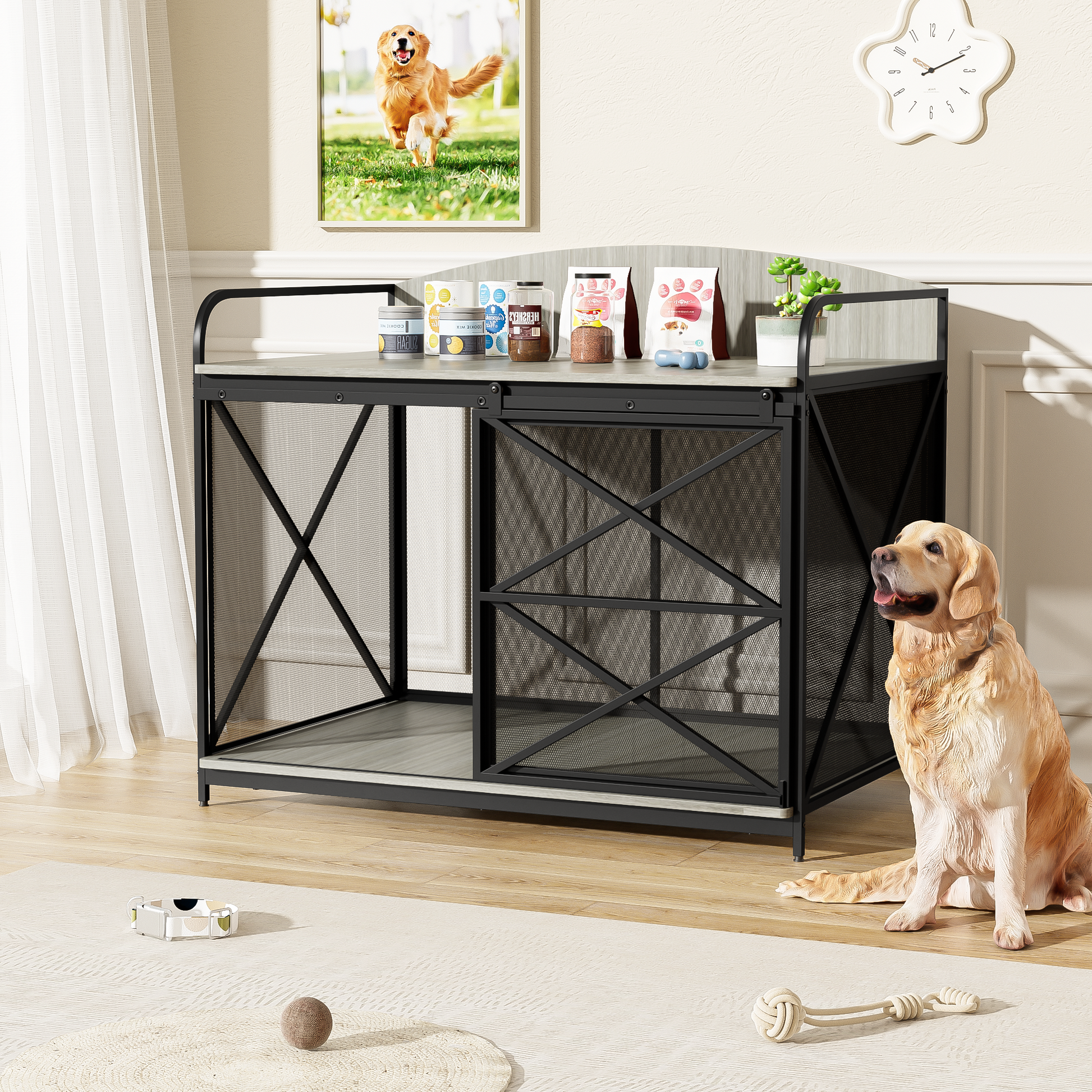 42.8" Heavy Duty Large Dog Crate Furniture For Large Medium Dog, Farmhouse Wooden Dog Kennel Indoor End Table, Decorative Pet House For Large Dogs, Gray Gray Pet Barrier Large 41 70 Lbs Iron,Mdf