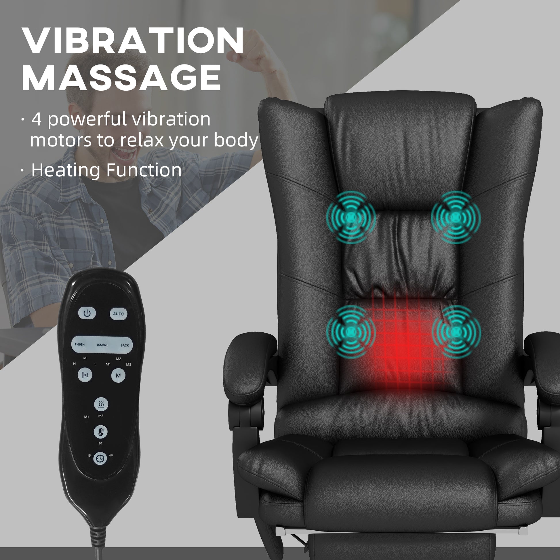 Vinsetto Vibration Massage Office Chair With Heat, Footrest, Black Black Pu Leather