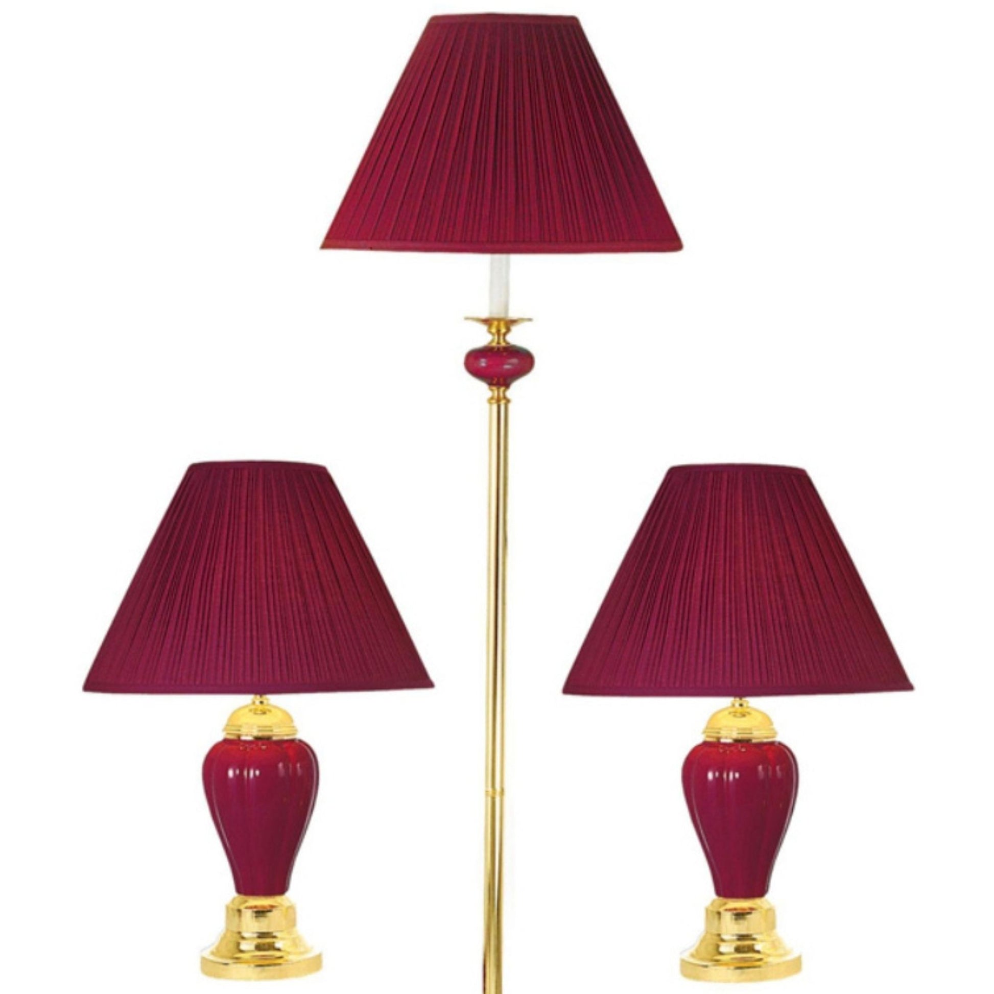 3 Piece Ceramic Lamp Set, Floor And Table Lamps, Burdy Finish Burgundy Ceramic