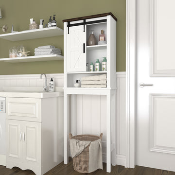 Over The Toilet Storage Cabinet, Farmhouse Above Toilet Storage Cabinet With Adjustable Shelves & Sliding Barn Doors, Organizers Over Toilet For Bathroom, Living Room, White White Vintage 1 Bathroom