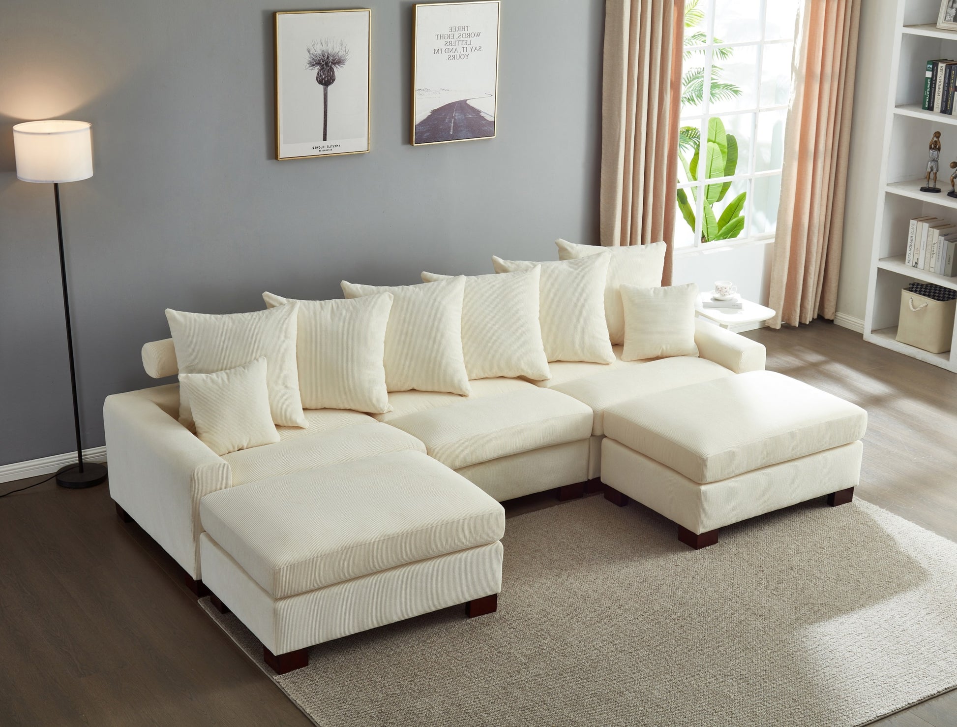 Modular Sectional Sofa,5 Seater Oversized Convertible L & U Shaped Couch, Corduroy Fabric Beige Wood Fabric 5 Seat