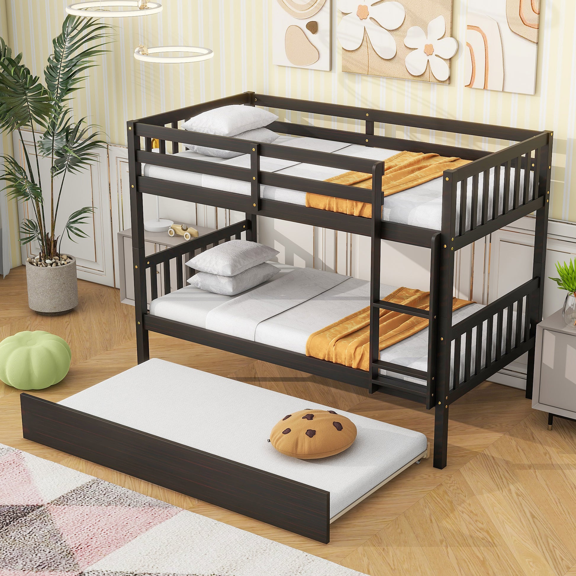 Twin Over Twin Rubber Wood Bunk Bed With Trundle, Convertible Into 2 Twin Size Beds, Twin Size Bunk Bed With Ladder And Safety Guardrails,Espresso Twin Espresso Rubber Wood