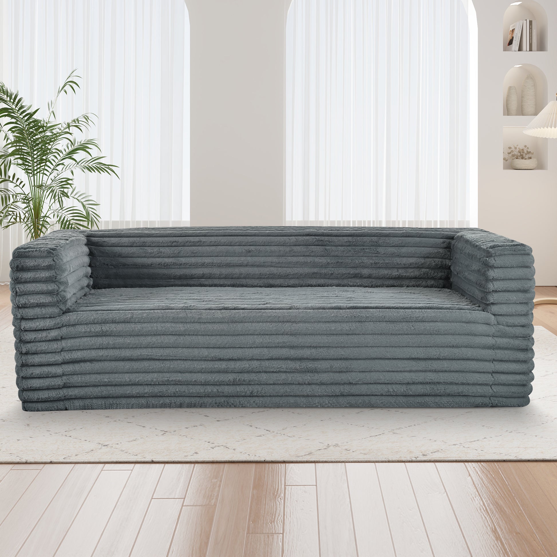 89" Modern Corduroy Couch, 3 Seats Plush Sofa With Squared Arm,Luxury Comfy Seat Super Soft Couches For Living Room,Small Space,Office,Apartment,No Assembly Required Grey Fabric 3 Seat