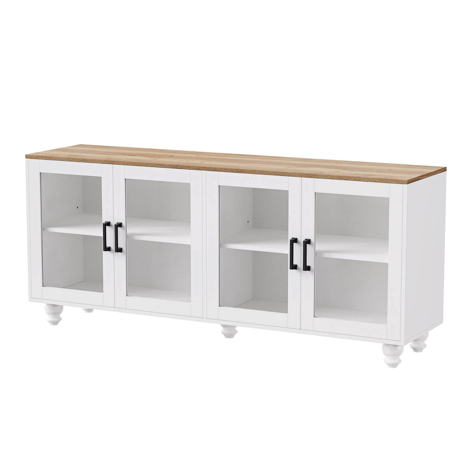 Farmhouse Tv Stand With Tempered Glass Doors For Tvs Up To 70", Versatile Sideboard With Adjustable Shelves, Elegant Buffet Cabinet With 5 Solid Wood Gourd Shaped Legs For Living Room, White White