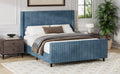 50.7'' High Headboard Corduroy Upholstered Bed Frame With Vertical Stripe Wingback And High Footboard No Box Spring Needed,King Size, Blue Box Spring Not Required King Blue Wood Bedroom Modern Bed Frame Wood