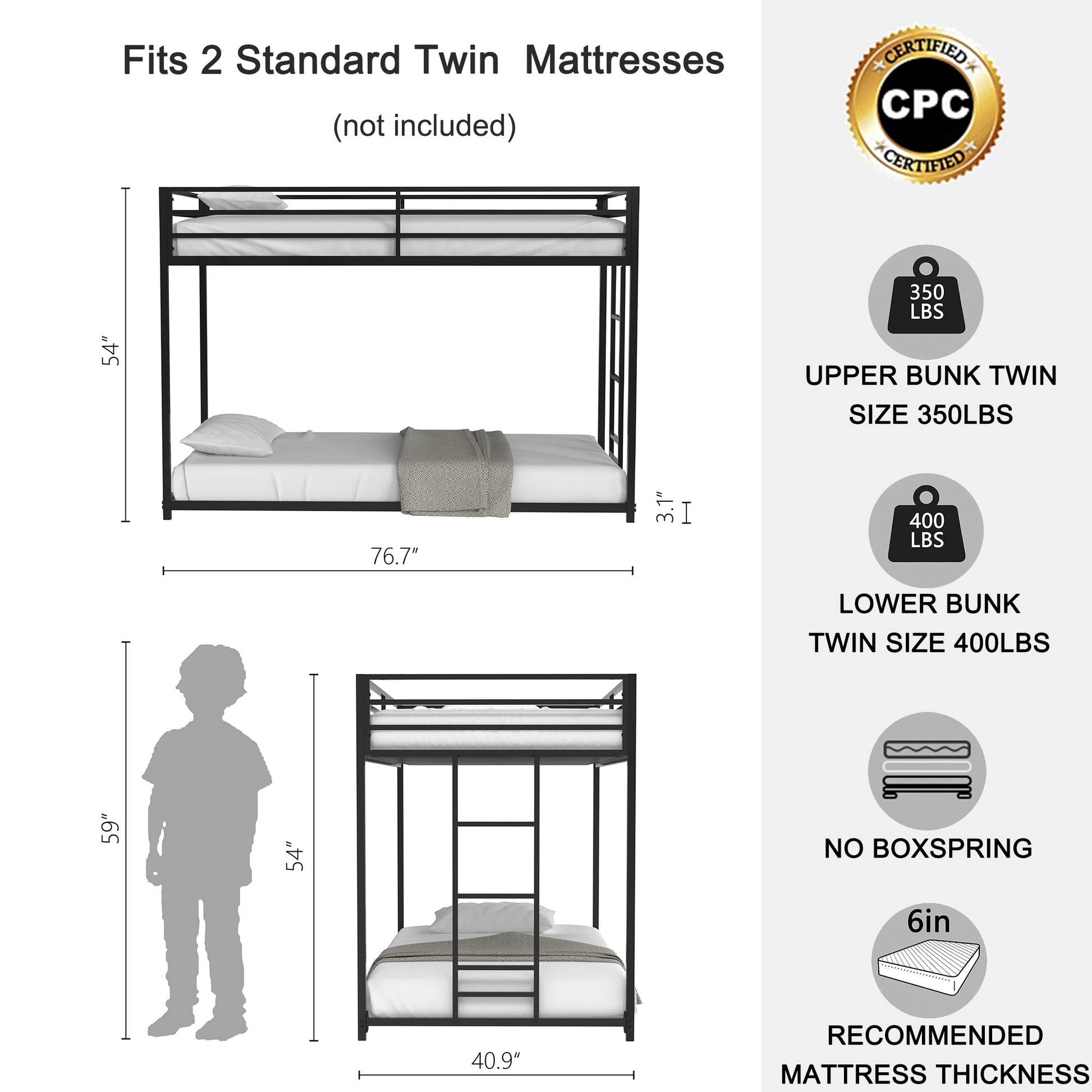 Adam Twin Over Twin Metal Bunk, Black Twin Box Spring Not Required Black Bedroom Bed Frame Metal Metal