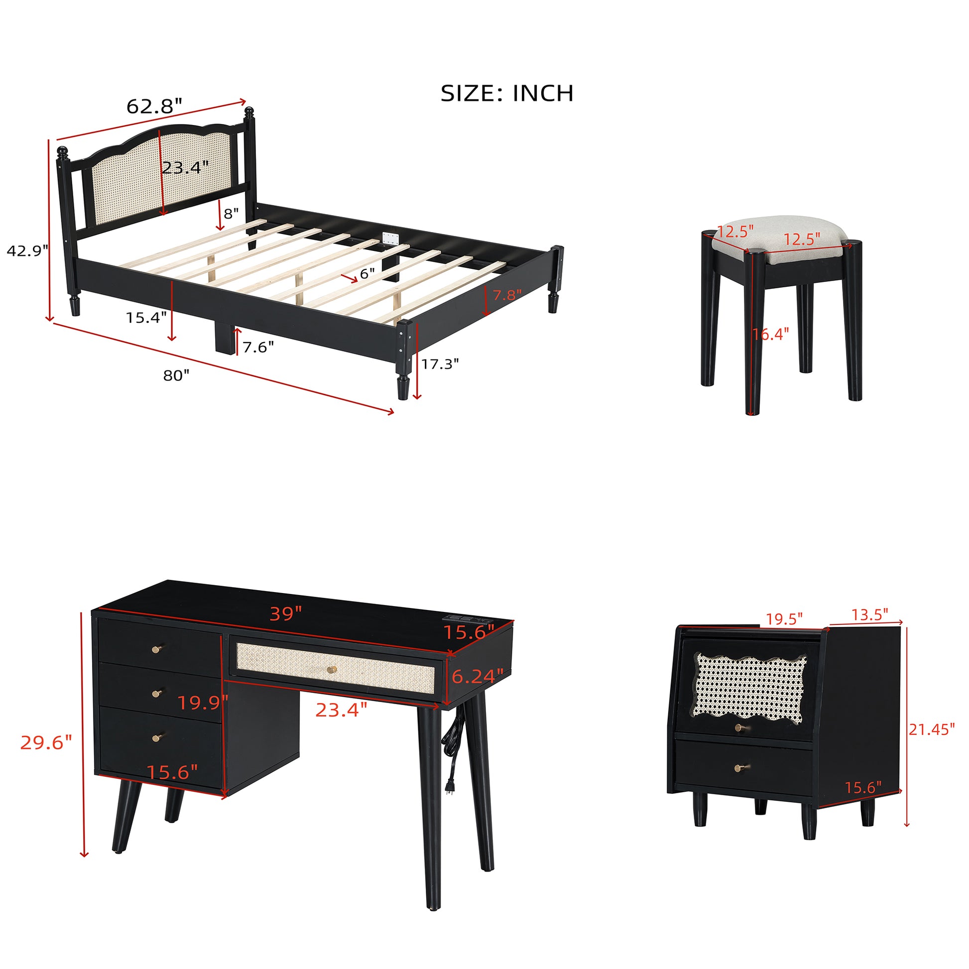 3 Pieces Bedroom Set With Queen Size Wooden Bed Frame, 1 Vintage Nightstand And 1 Makeup Vanity Set With Stool,Black Expected Arrival Time: 08.23 Queen Black 3 Piece Set Wood