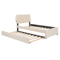 Teddy Fleece Twin Size Upholstered Platform Bed With Trundle, Beige Twin Beige Fleece