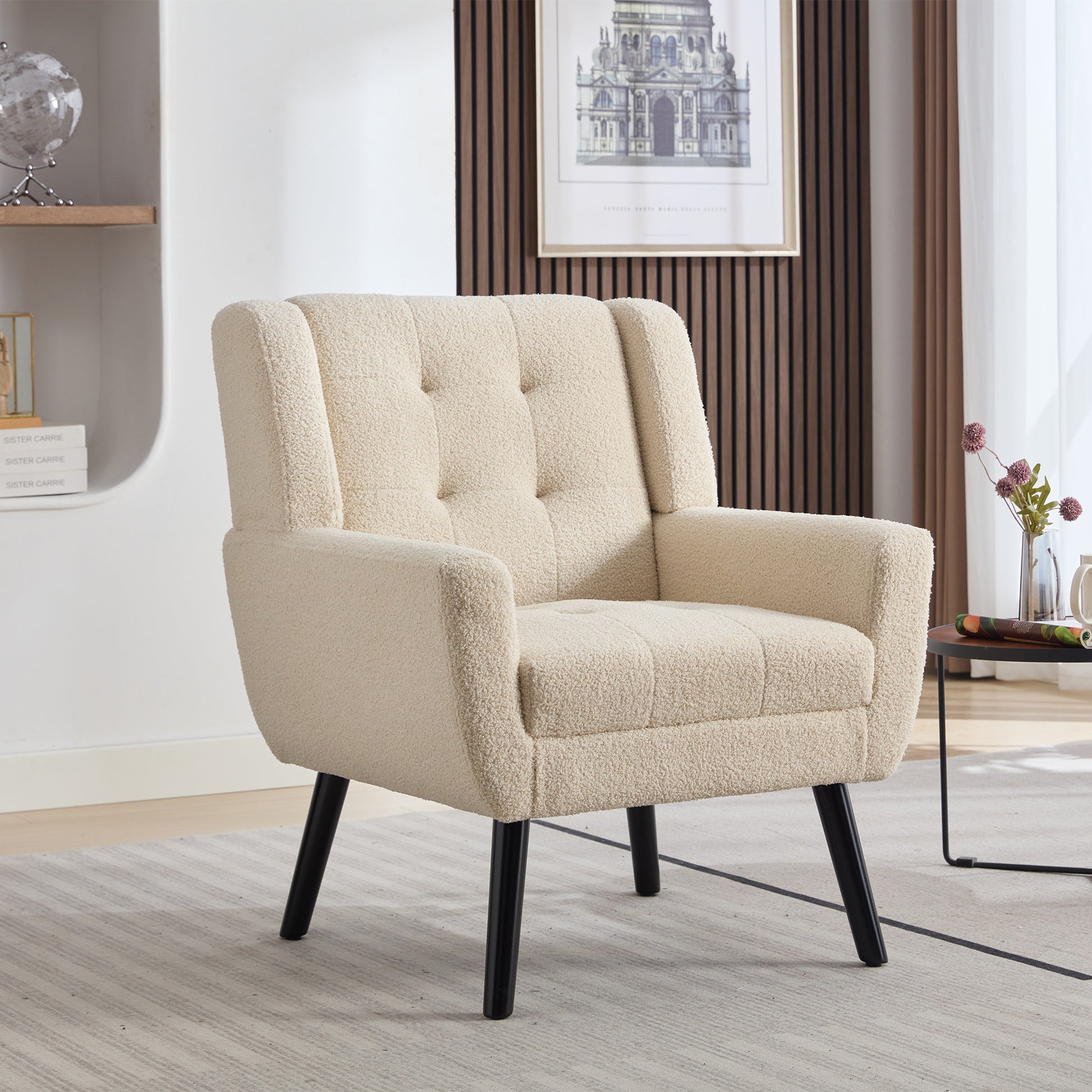Modern Soft Teddy Material Ergonomics Accent Chair Living Room Chair Bedroom Chair Home Chair With Black Legs For Indoor Home White Teddy Fabric White Foam Upholstered