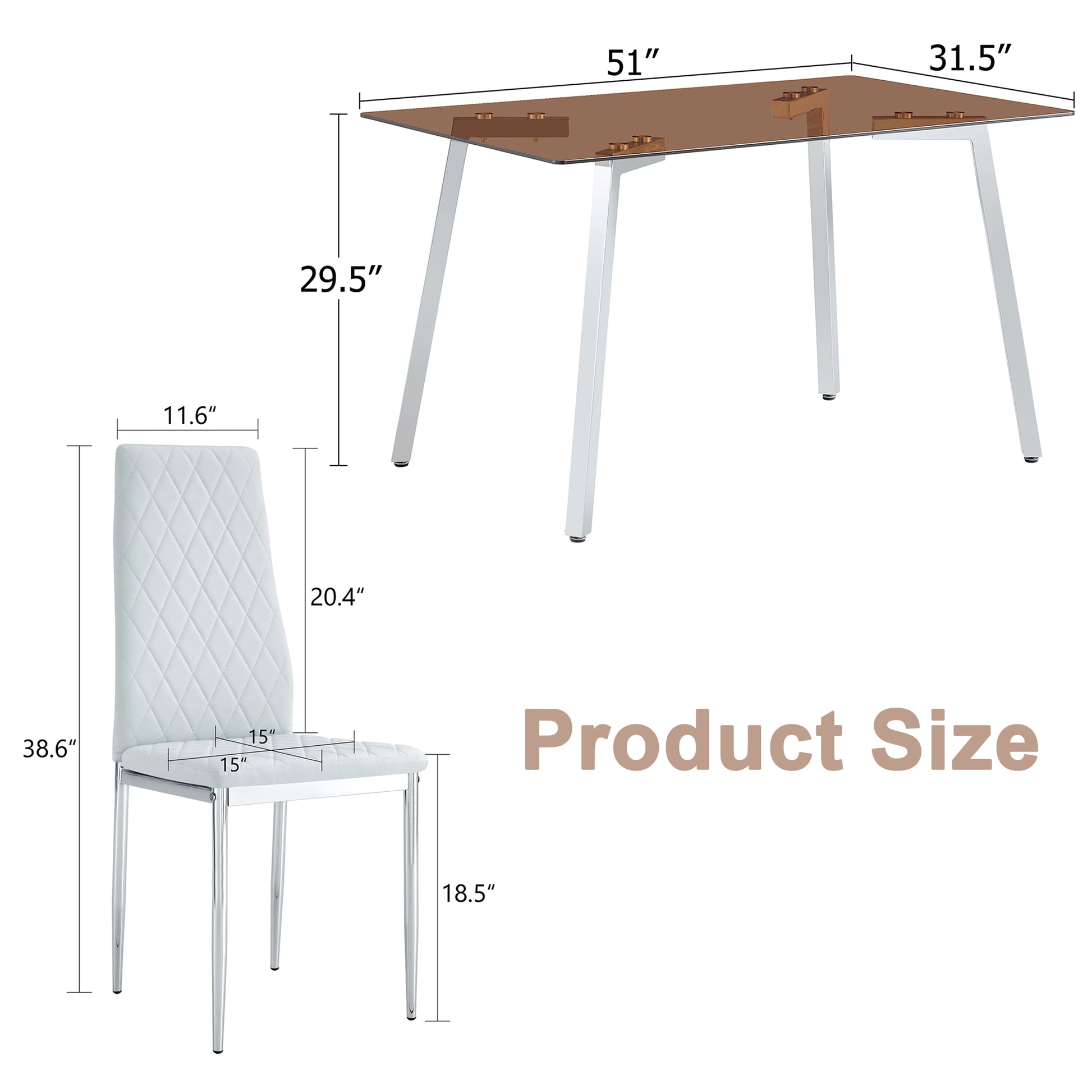Table And Chair Set.Large Modern Rectangular Table With Brown Glass Top And Silver Metal Legs. Paired With 4 Light Gray Chairs With Checkered Armless High Back Pu Cushion And Silver Metal Legs. Light Gray,Silver Seats 4 Glass Metal