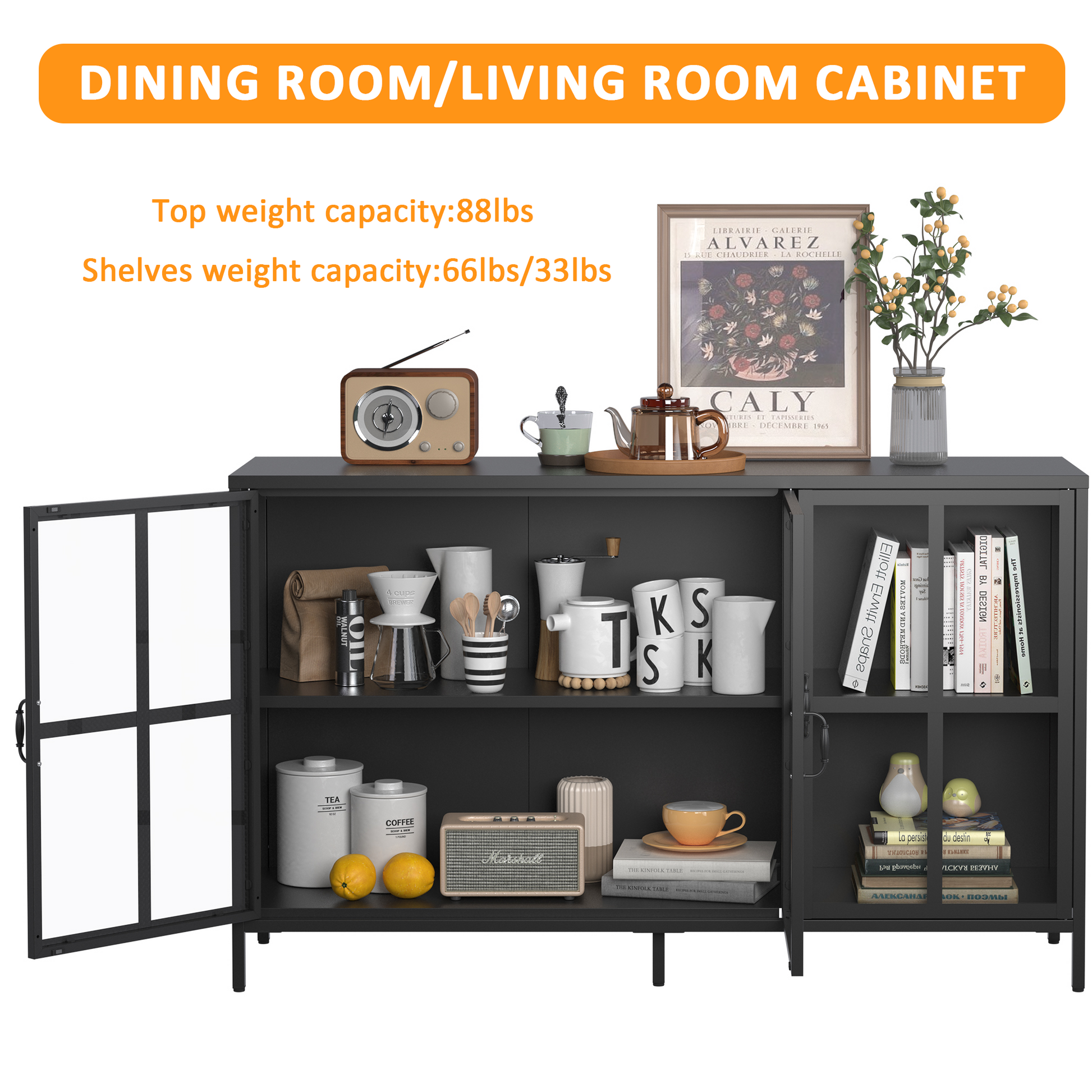 Heavy Duty Metal Modern Sideboard Buffet Cabinet With Storage Premium Steel Storage Cabinet ,Adjustable Feet,Glass Doors,Large Capacity Organizer For Living Room,Bed Room,Dining Room Black Kitchen