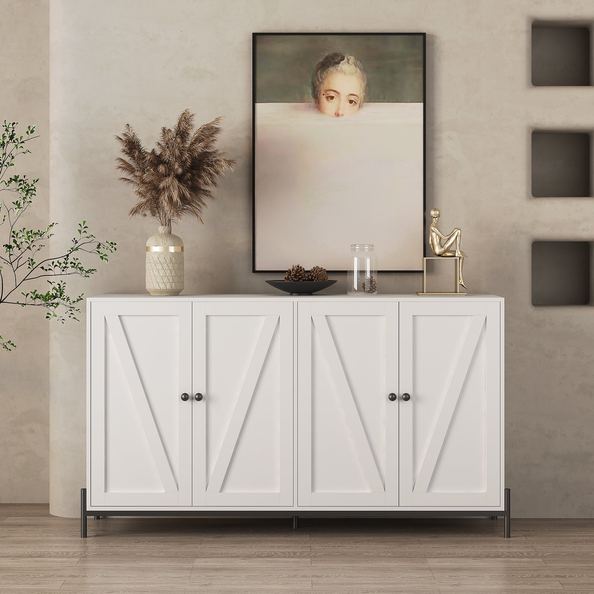 Storage Cabinet Buffet Cabinet With 2 Cabinet, 4 Doors, Metal Leg, Sideboard Wooden Cabinet, Entryway Floor Cabinet For Living Room, Study, And Entryway White White Mdf