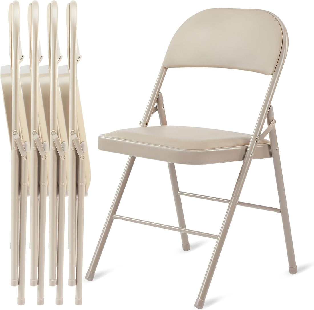 4 Pack Folding Chairs With Leather Padded Cushion Seats & Durable Metal Frame, Comfortable, Foldable, Portable, Commercial Event Seat, Indoor Outdoor For Parties, Home, Office, Kahki Khaki Leather