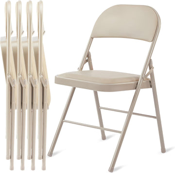 4 Pack Folding Chairs With Leather Padded Cushion Seats & Durable Metal Frame, Comfortable, Foldable, Portable, Commercial Event Seat, Indoor Outdoor For Parties, Home, Office, Kahki Khaki Leather