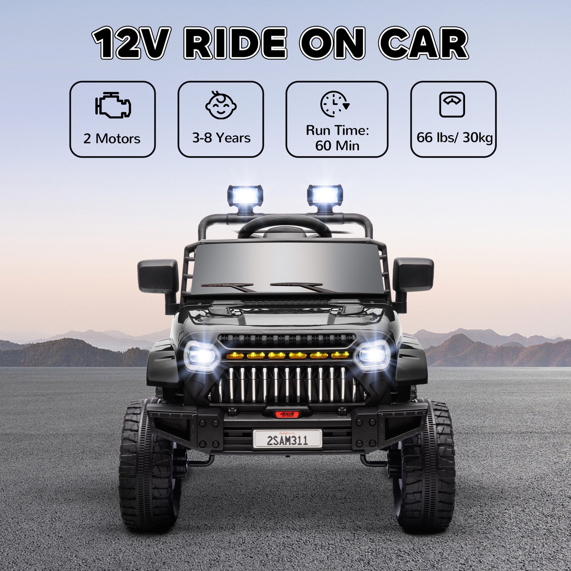 Qaba 12V Ride On Truck, Battery Powered Kids Electric Car Utv With 4 Suspension Wheels, Remote Control, 3 Speeds, Led Headlights, Horn, Usb Music, Black Black Plastic