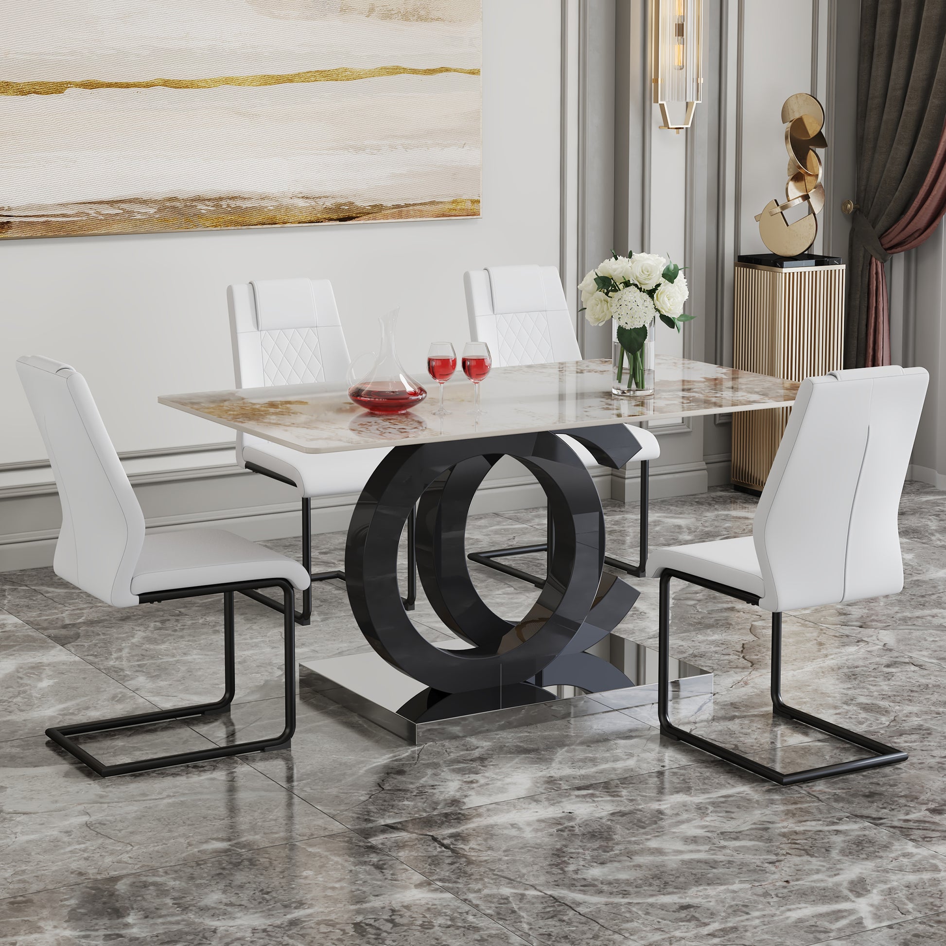 Table And Chair Set.63"X31.5" Marble Pattern Sintered Stone Table With Mdf Oc Shaped Bracket.Paired With 4 White Pu Chairs With Black Metal Legs.Suitable For Kitchen,Dining Room,Etc. White Black