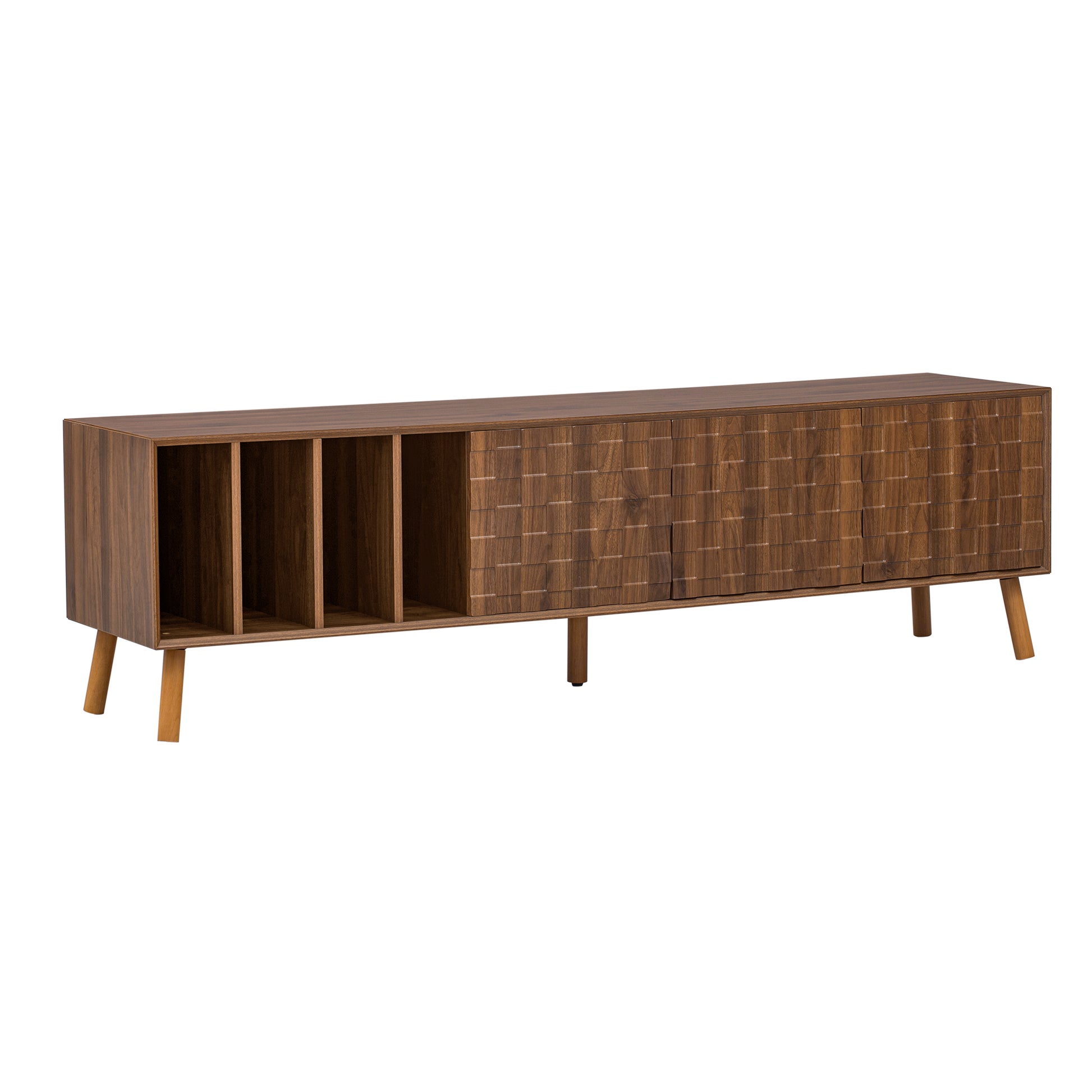 70" Mid Century Modern Tv Stand, Media Console Table For Tvs Up To 80'', Entertainment Center With 5 Solid Wood Legs For Living Room, Bedroom Walnut Primary Living Space 70 79 Inches 70 79 Inches